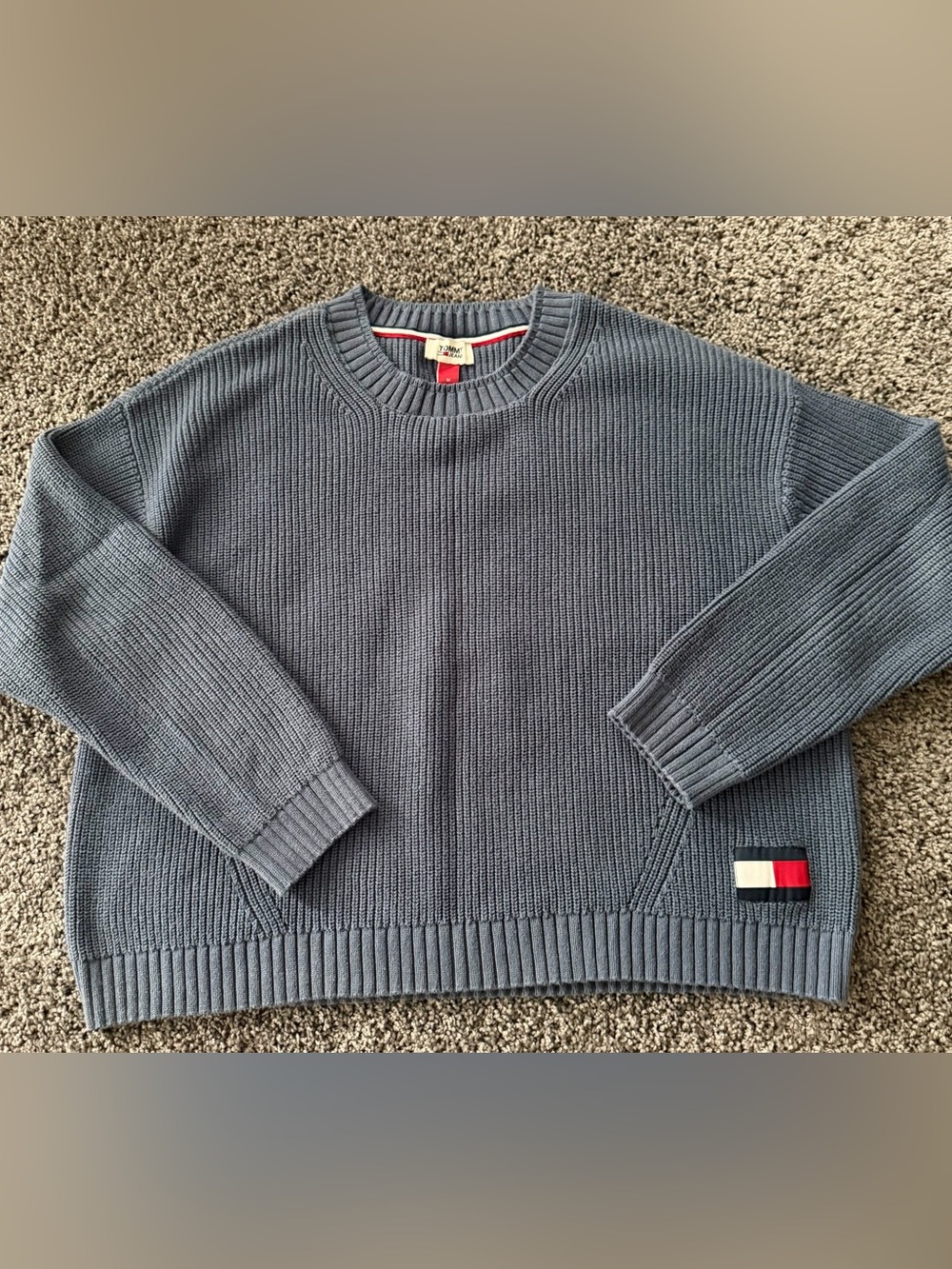 Tommy Jeans Women’s M Blue Chunky Ribbed Knit Crewneck Flag Logo Sweater